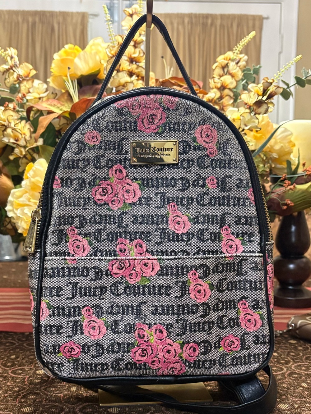 Juicy Couture Gray Canvas Mini Backpack with Pink Rose Print